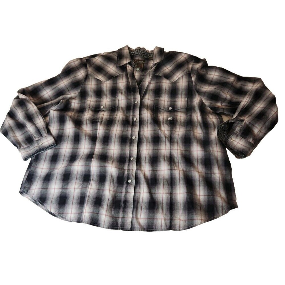 ROPER Shirt Womens 2X Western Pearl Snap Button up Plus Size Plaid GRAY/RED‎